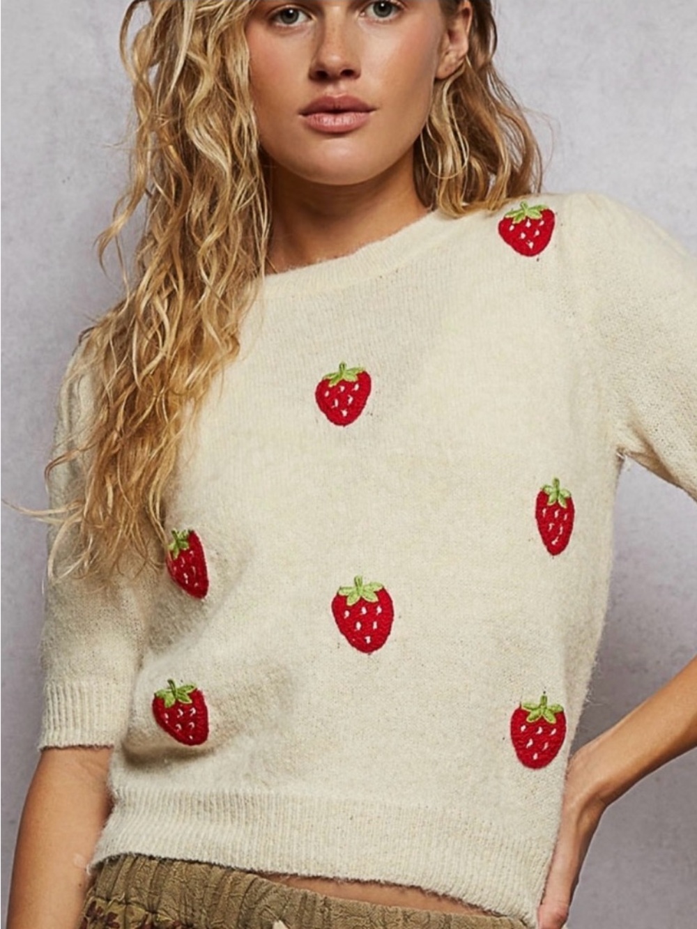 POL Strawberry Embroidered Cream Sweater